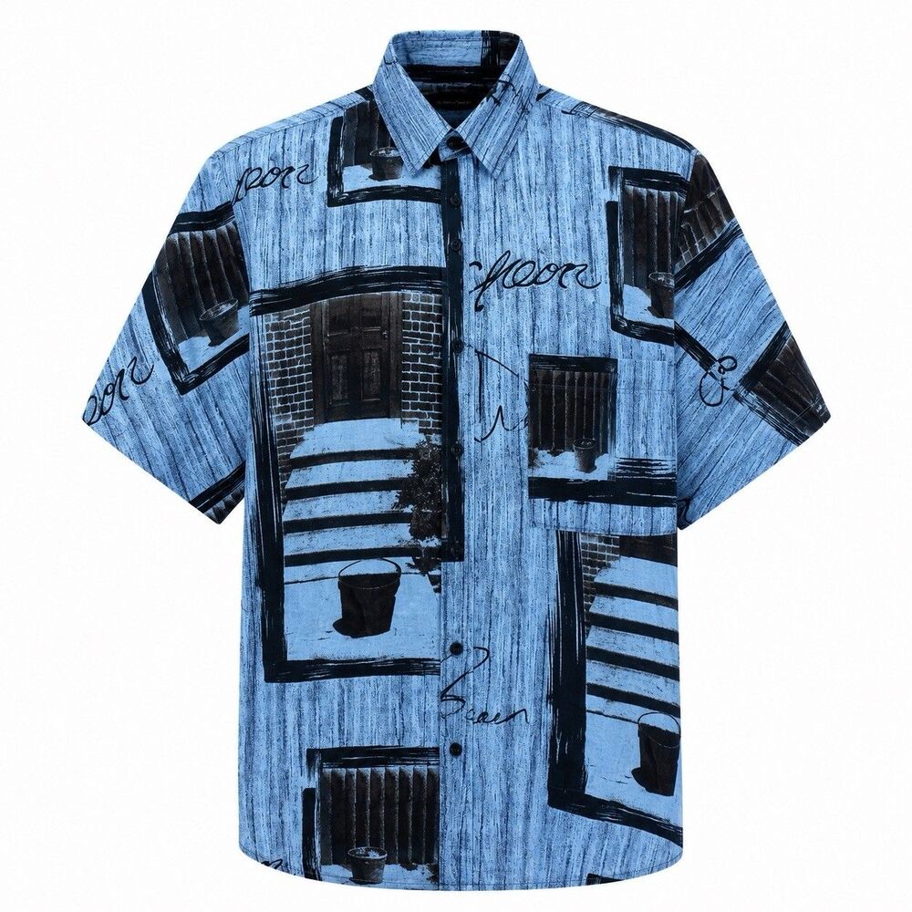 Vintage PURE Silk Camp Shirt Mens Sz L Blue & Black Artistic Print Y2k 90s EVC